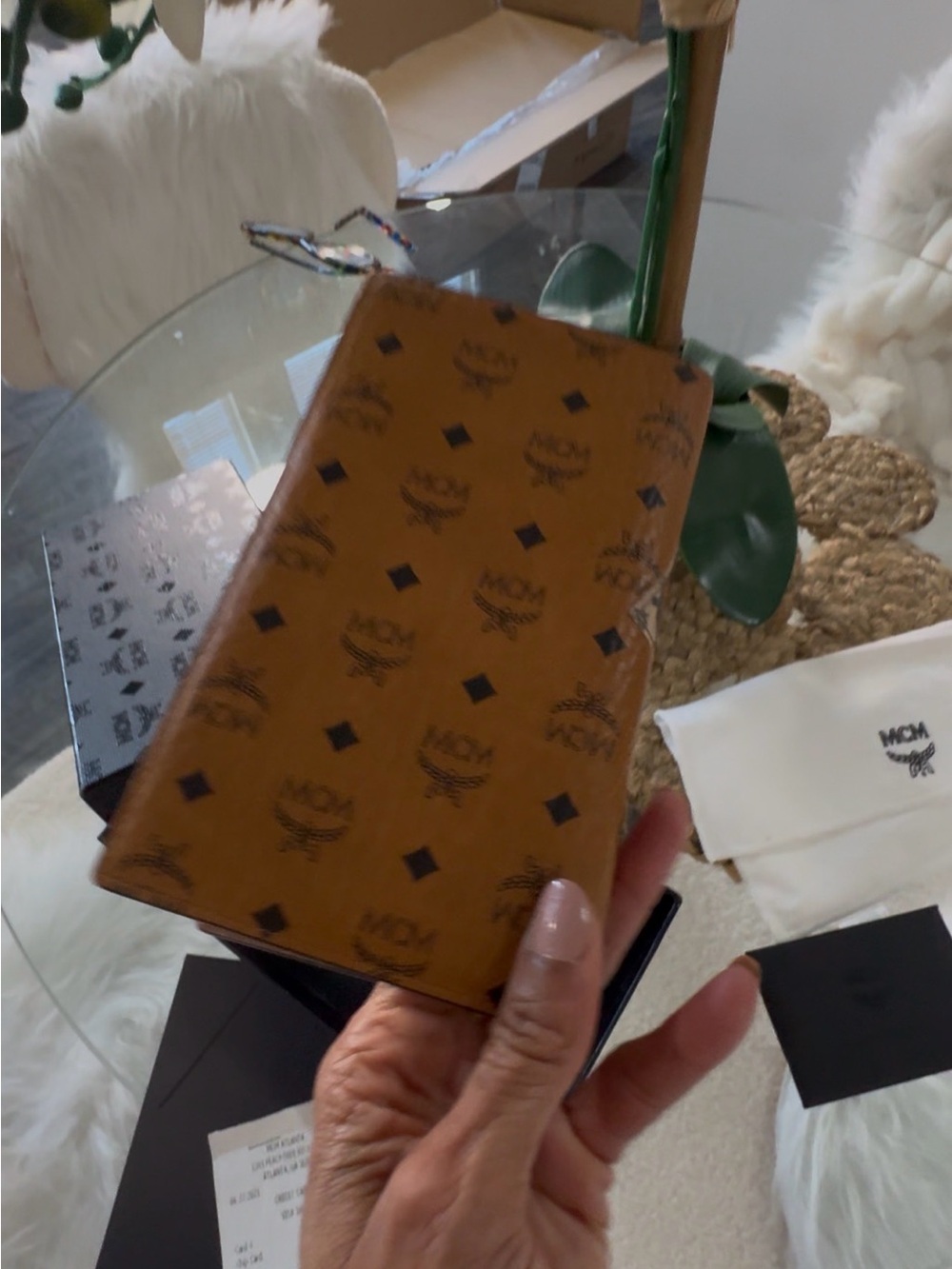 MCM Cognac Canvas Wallet with Bright Orange Script